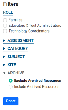 The list of filters on the KAP Resources page.